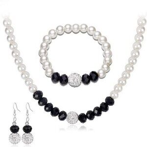 Womens Black White Faux Pearl Necklace Earrings Bracelet Jewelry Set Gift